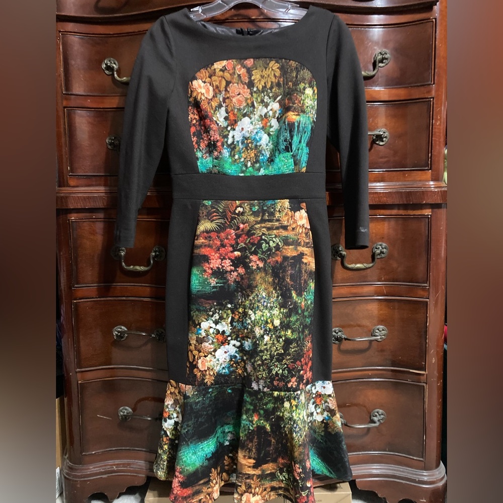 Teri Jon Dress Brown with Floral 3/4 Sleeve Size 2